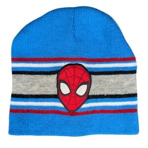 Marvel Spider-Man‎ Blue Striped Knit Beanie Hat Spidey Mask Patch RN14750 OSFM